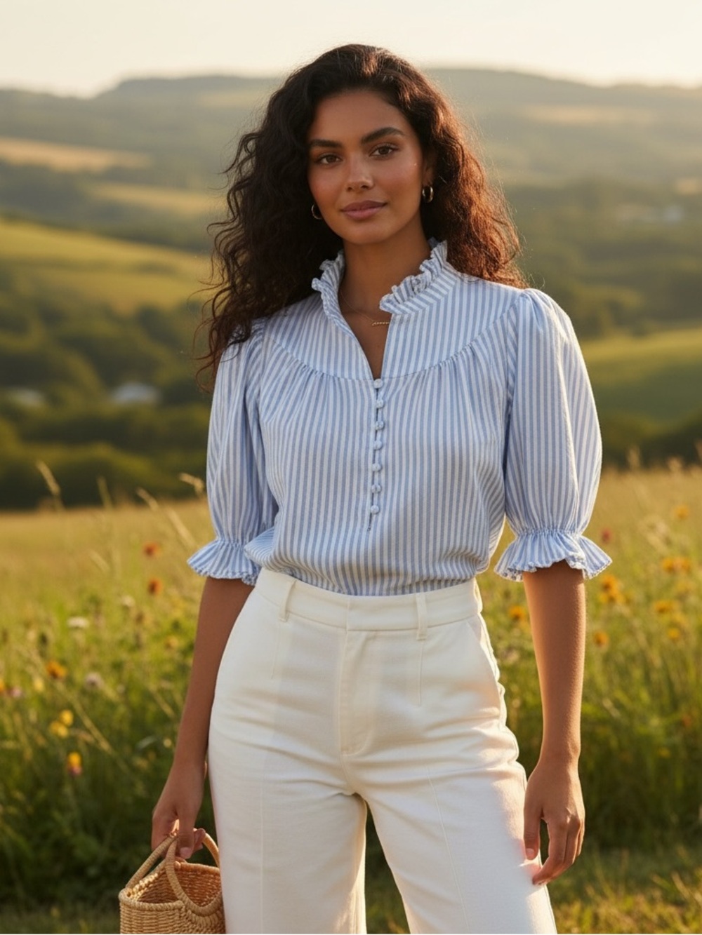 XS Tuckernuck Pomander Place Blue Stripe Selena Blouse